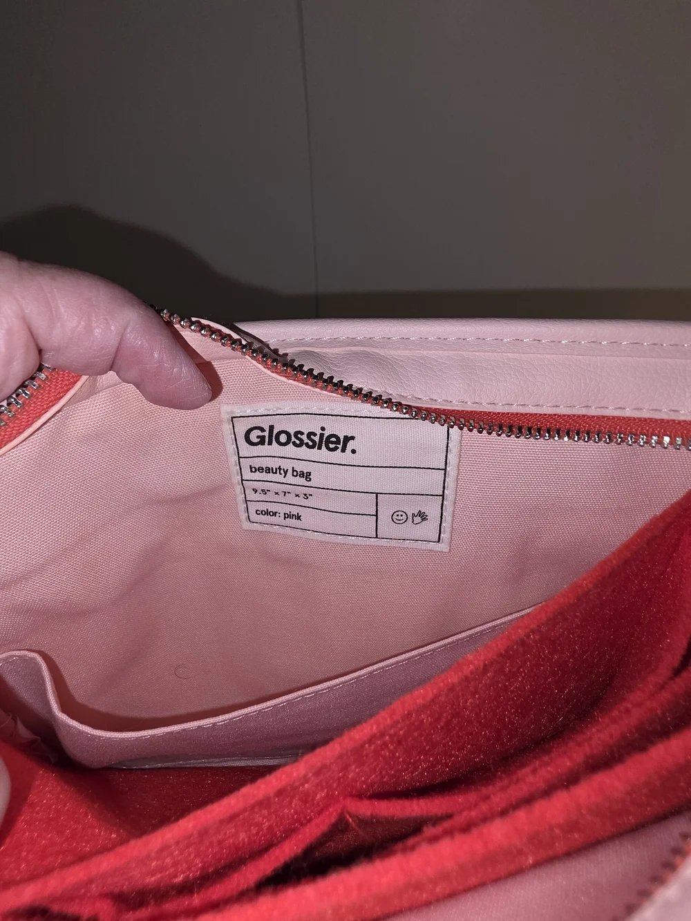 Glossier Beauty Bag Pink Cosmetic Pouch Logo Front Pocket 9.5